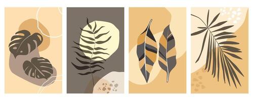 A set of abstract posters with silhouettes of tropical leaves, against the background of the sun, simple shapes. Natural minimalistic image. vector