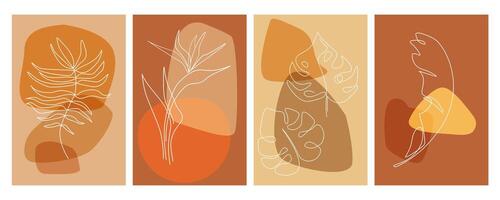 A set of abstract posters with tropical plants and line art on a background of simple free-form rounded shapes. vector