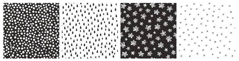 A set of seamless patterns with a simple monochrome print. Abstract flowers, drops, hand draw dots. vector