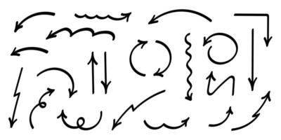 Hand drawn crayon arrows set different shapes and directions. Black color ink brush design elements collection. vector