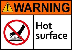 Hot surface sign. Surfaces that can cause burns on contact. Warns workers and visitors to avoid contact with hot surfaces. Do not touch. High surface temperature. Do not contact. Caution, risk burns. vector