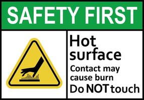 Hot surface sign. Surfaces that can cause burns on contact. Warns workers and visitors to avoid contact with hot surfaces. Do not touch. High surface temperature. Do not contact. Caution, risk burns. vector