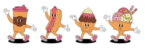 Coffee, hotdog, cupcake and ice cream in retro groovy style. Set of fast food and desserts. vector