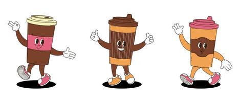 Coffee in paper cups. Set of coffee in retro groovy style. vector