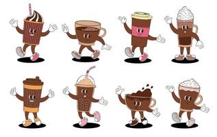 Collection of various coffee drinks in retro groovy style. Americano, latte, cappucino, and more. vector