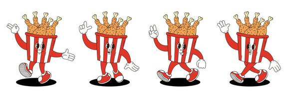 Fried chicken legs in a paper bucket characters set in retro groovy style. vector