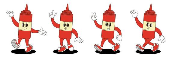 Retro groovy ketchup characters set. vector