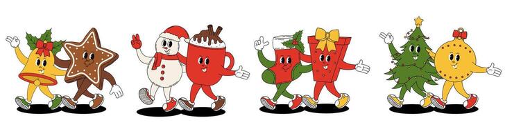Groovy retro Merry Christmas and Happy New year. Christmas characters in groovy style. Christmas tree, toy, bell, boot, gift, mug of hot chocolate, snowman, gingerbread. vector