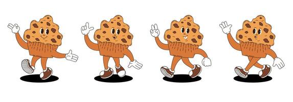 Chocolate cupcake characters set in retro groovy style. vector