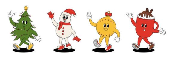 Groovy retro Merry Christmas and Happy New year. Christmas characters in groovy style. Christmas tree, toy, mug of hot chocolate and snowman. vector