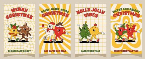 Groovy retro Merry Christmas and Happy New year posters. Set of christmas characters for posters, party invitations, greeting cards, stories template, postcard, prints in groovy style. vector
