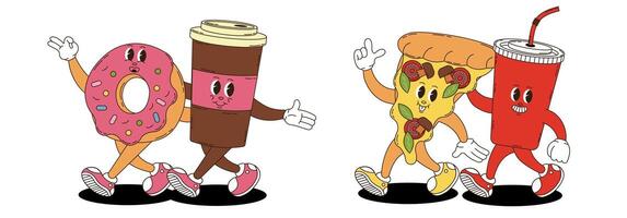 Set of fast food. Coffee, donut, pizza, soda in retro groovy style. vector