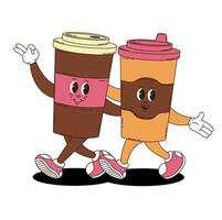 A pair of coffees in paper cups A pair of coffees in retro groovy style vector