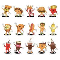 Fast food and coffee characters in retro groovy style. Set of hamburger, hotdog, pizza, taco, burrito, chicken, fries, sandwich, mustard, soda, coffee. vector