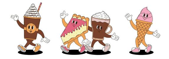 Coffee, cheesecake, ice cream in retro groovy style. Set of desserts. vector