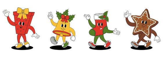 Groovy retro Merry Christmas and Happy New year. Christmas characters in groovy style. Christmas bell, boot, gift and gingerbread. vector
