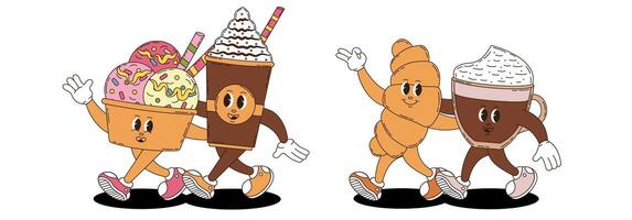 Coffee, ice cream, croissant in retro groovy style. Set of fast food. vector
