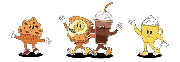 Coffee, cupcake, sandwich in retro groovy style. Set of fast food and desserts. vector