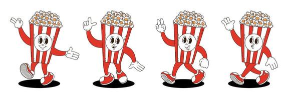 Popcorn busket characters set in retro groovy style. vector