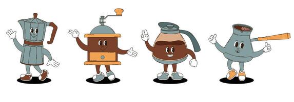 Coffee in retro groovy style. Set of coffee pot, coffee maker, cezve, coffee grinder. vector