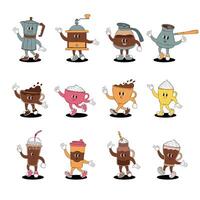Set of various coffee drinks in retro groovy style. Americano, latte, cappucino, coffee pot, coffee maker, cezve, coffee grinder and more. vector