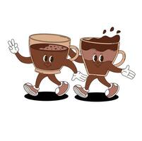 A pair of coffees in glass cups. A pair of coffees in retro groovy style. vector