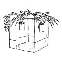 Line Sukkah with palm leaves on the top black and white illustration for Sukkot Jewish holiday. Hand drawn succah hut ink sketch in simple style vector