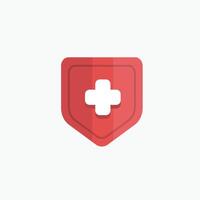 red shield with white plus sign in flat design. vector