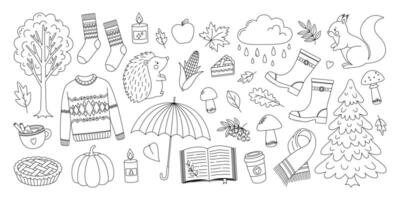 Autumn set coloring page. Outline collection with leaves, mushrooms, trees, pumpkin, sweater, rubber boots, animals and other elements. Fall season. Coloring book for print vector