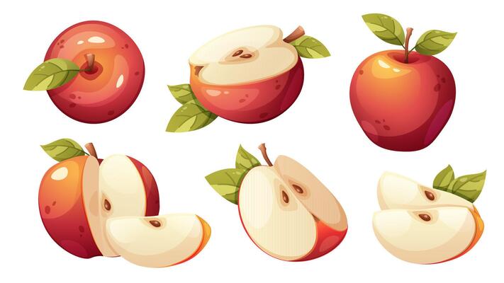 Apple set. Whole red apple, cut apple, slices. elements on white background