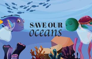 Horizontal banner with a sad blue tang fish and turtle with plastic bags, coral reefs, and the text Save our oceans vector