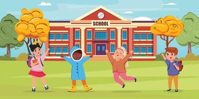 Children excitedly jump and greet in front of a school building under a bright sky vector