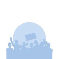 Blue colored activist crowd silhouette, flags waving and fists raised in protest vector
