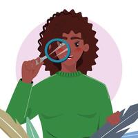 Black woman with magnifying glass in hand, examining closely, with leaves in the background vector