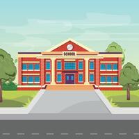 Brick school building facing a road, with a cloudy sky backdrop, ideal for back-to-school visuals vector