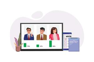 Candidates ratings displayed on a screen, woman leading. Voting box and plant beside the screen vector