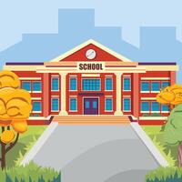 Pathway to a school building, trees and buildings in the background, sunny back to school concept vector