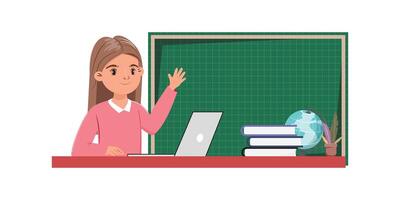 Student girl sitting at desk with laptop, waving happily. Educational environment with books, globe and chalkboard vector