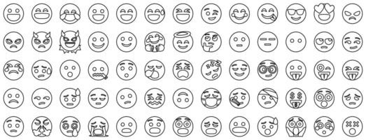 Set of 65 emoticon smile icons, outline style. vector