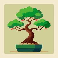A minimalist composition features a single bonsai tree positioned in the center of the frame. The meticulously pruned branches and the tiny green leaves create a sense of tranquility and balance. The vector