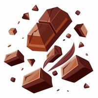 High-resolution image of chocolate pieces suspended in mid-air, with shards of chocolate flying apart against a plain background, capturing the rich, dark texture and detailed edges of each fragment vector