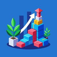 Wooden blocks with an upward arrow and growth chart, a gears icon on a white background. A businessman climbing a ladder to success. A line graph indicating a growing business target for strategic vector