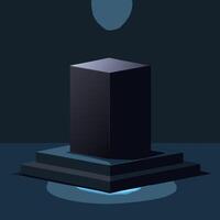 Elegant black cube stand for product placement mockup. Dark podium exhibition scene background. Minimal box platform showroom with spot light. vector