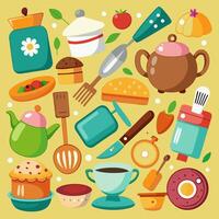 A cartoon drawing of a variety of kitchen utensils and utensils vector