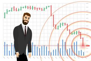 Sad businessman trader on stock index chart falling and investor finance loss banner concept. Stressed business man broker on exchange market trading decreasing data fall down graph. Economic crash vector