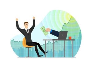Joyful businessman trader get money on backdrop of rising stock market index chart. Financial investment growth. Business man makes trading income profit. Passive earning concept. Coin gain concept vector