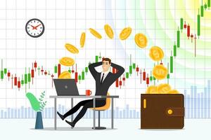 Successful businessman trader get money on backdrop of rising stock market index chart. Joy of growth income trading business man. Joyful person makes profit. Passive earning concept. Money gain. Eps vector