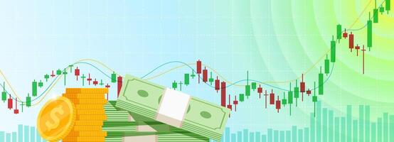 Stock market trading technical analysis bar growing candlestick chart. Business exchange bullish trend graph. Trader financial investment growth moving up index eps banner. Savings and income concept vector