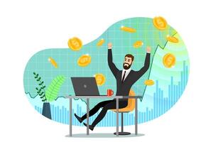Successful businessman trader get money on backdrop of rising stock market index chart. Joy of growth income trading business man. Joyful person makes profit. Passive earning concept. Coin gain. Eps vector