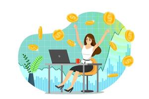 Successful businesswoman trader get money on backdrop of rising stock market index chart. Joy of growth income trading business woman. Joyful person makes profit. Passive coin gain earning eps concept vector